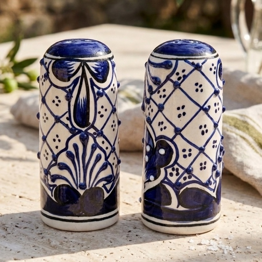 Salt And Pepper Shaker Set Mexican Talavera Pottery Textured Cobalt Blue & White